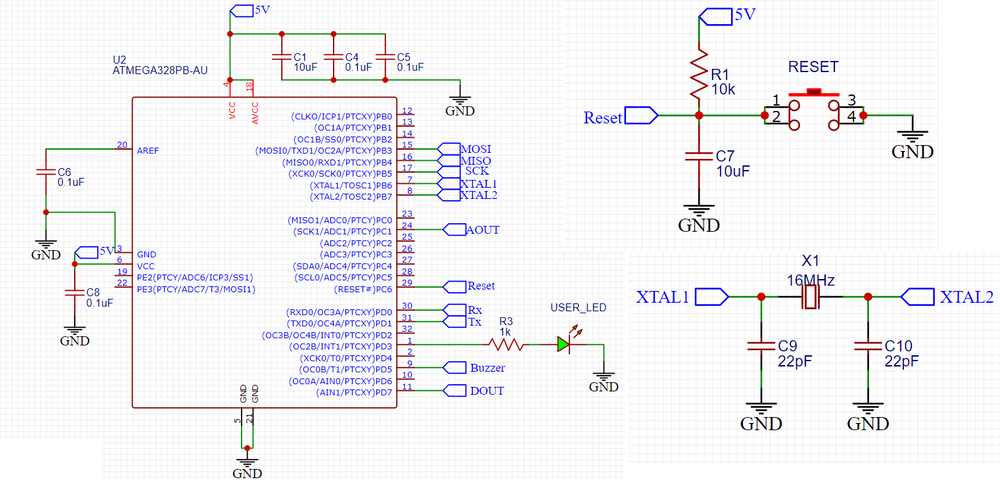 Schematics of the custom board (only MCU, clock and reset sections are attached)