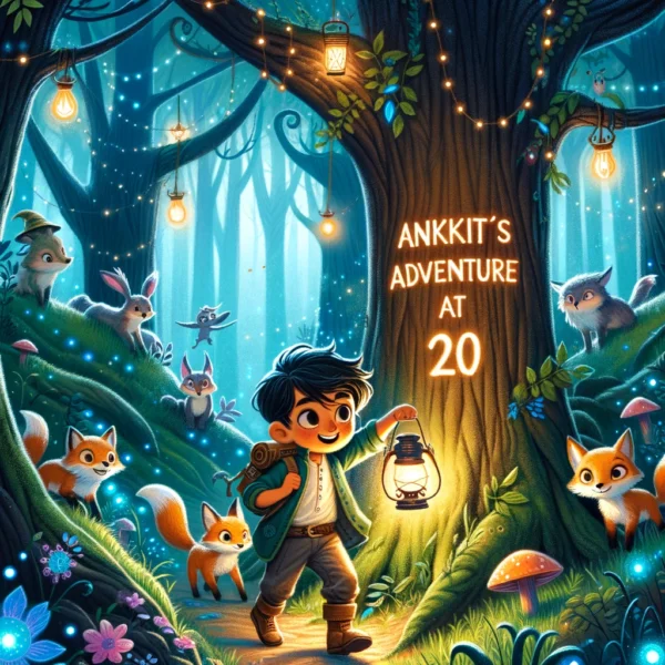 Ankit exploring an ancient ruin under a starry night sky, flashlight in hand, showcasing his love for adventure and archaeology. The ruins are lit softly by the moon, with 'Ankit's 20th Adventure' carved into a stone.